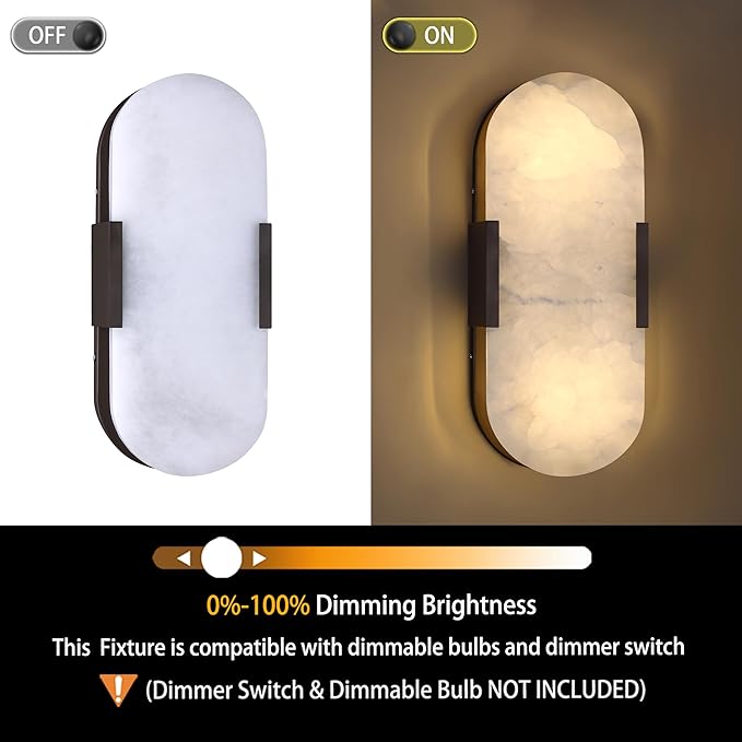 Doraimi Lighting 2 Light 12" Natural Oval Alabaster Marble Bathroom Wall Sconce Modern Concise Style Wall Light Fixture,Oil Rubbed Bronze Finish for Bedroom Hallway Bedside Living Room