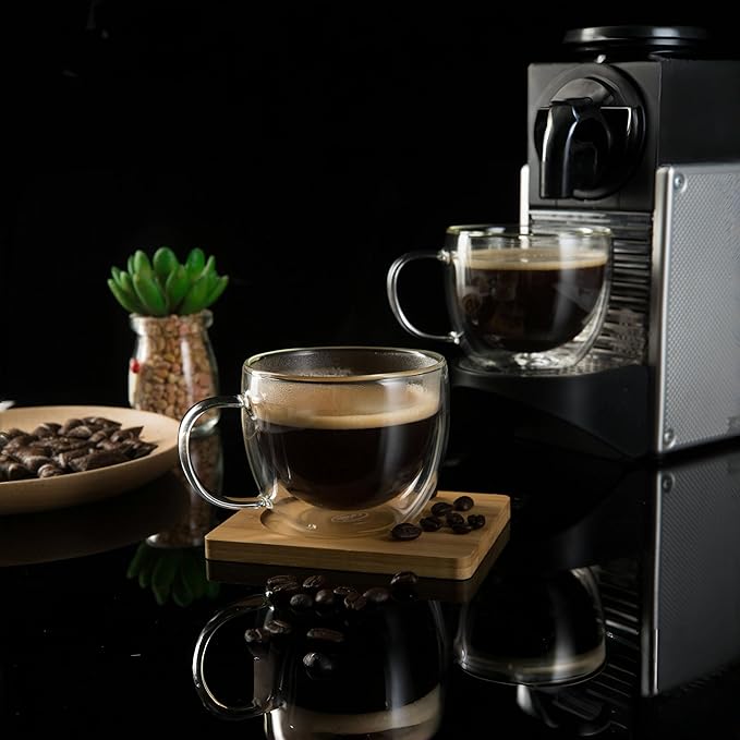 CNGLASS 8oz Double Wall Glass Coffee Mugs,Clear Insulated Espresso Glass Mugs with Handle for Latte,Cappuccino,Coffee,Set of 4