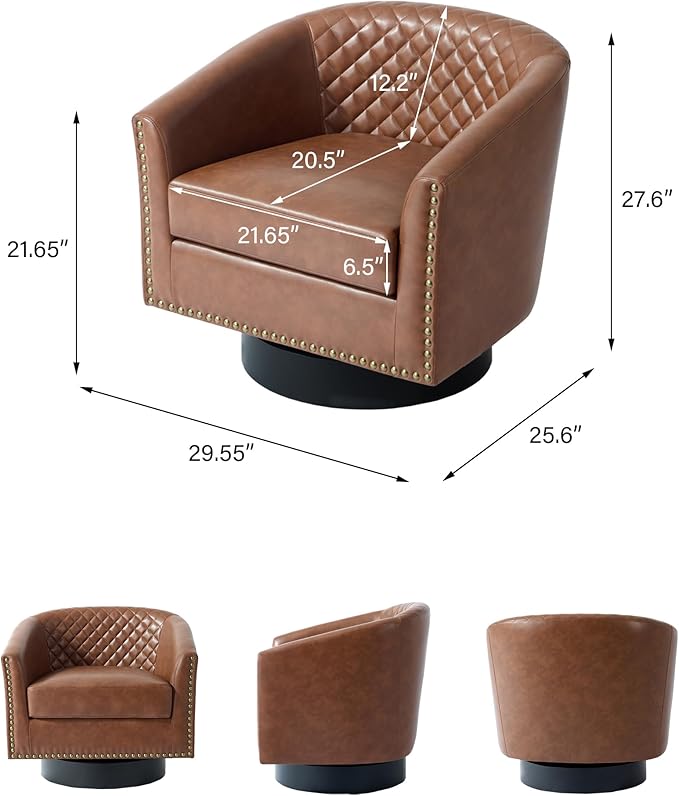 Swivel Barrel Accent Chair, Comfy Modern Upholstered Round Faux Leather Arm Chair for Living Room, Bedroom（Brown, Set of 2