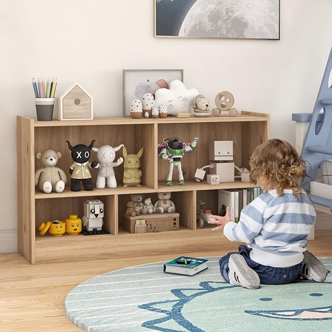 Toy Storage Organizer, 2-Tier Kids Bookshelf, 5 Cube Kids' Bookcases, Cabinets & Shelves, Wooden Toy Organizers, Small Book Shelf for Bedroom, Playroom, Classroom, Nursery (Natural)