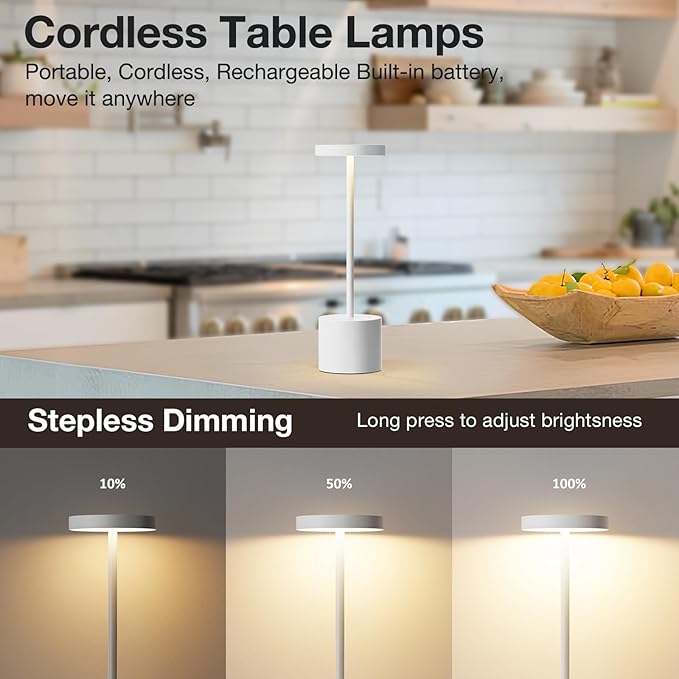 Kakanuo Cordless Lamp, Rechargeable Lamp, Touch Control, 3 Color Temperature, LED Outdoor Wireless, Battery Operated Lamps, Stepless Dimmable, White