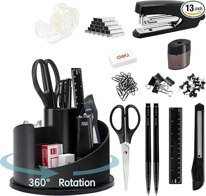 deli Office Supplies Set, 1045 Pcs-Desk Accessory Organizer Kit, Stapler Set, Rotating Multi-Functional Pen Holder, Tape Dispenser, Pens, Binder Clips, Sharpener, Scissor, Eraser, Black