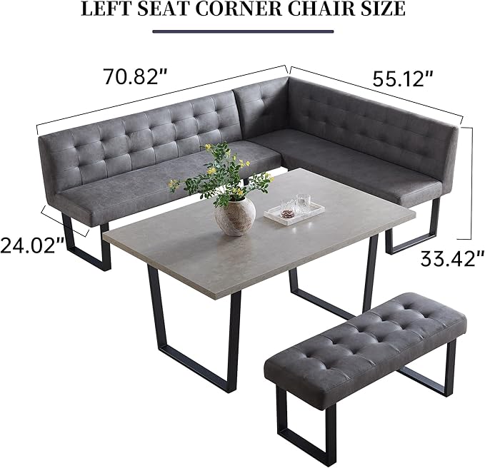 3 Piece Dining Table Set with Bench, 42.9 Inch Modern Kitchen Table with Left Seat Corner and 43.3 Inch Bench for Family Dining Room Furniture