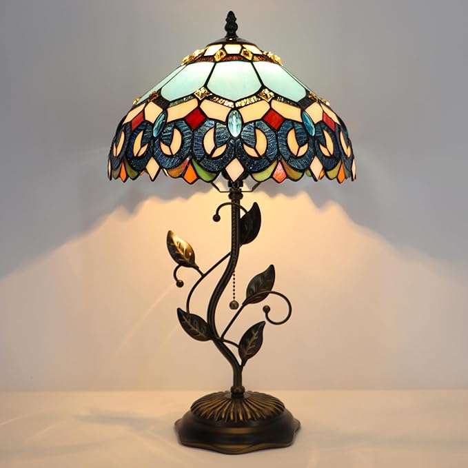 Tiffany Table Lamp, Stained Glass Desk Light, W12H19 Inch, Metal Leaf Base (Sapphire Style)