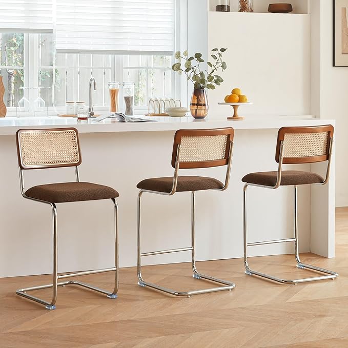 Natural Rattan Counter Height Stools Set of 3 with Solid Wood Back, 29 Inch Mid Century Modern Cesca Bar Stools, Brown Upholstery Boho Stool for Kitchen Counter with Chrome Metal Legs