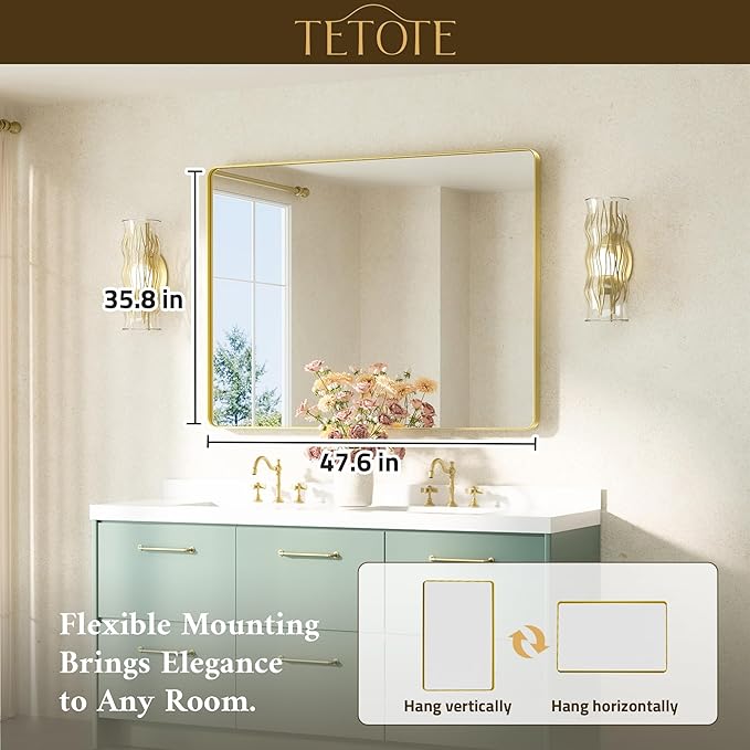 TETOTE 48 x 36 Inch Gold Mirrors Brushed Gold Metal Framed Bathroom Mirror, Tempered Glass, Modern Farmhouse Wall Mounted Mirror for Decorative(Horizontal/Vertical)