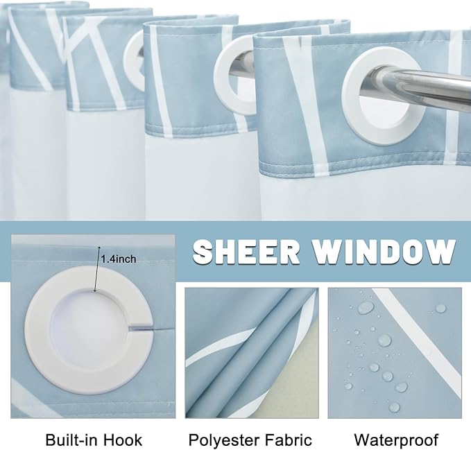 No Hook Light Blue Striped Shower Curtain with Snap in Liner Set - Hotel Shower Curtain and Liner Set with See Through Mesh Top Window,Machine Washable, 71x74 INCH