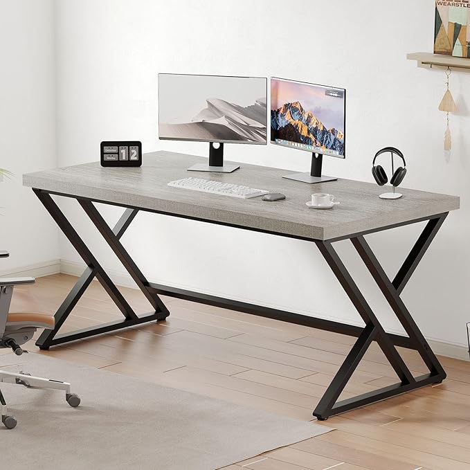LVB Grey Desk, Industrial Wood Home Office Computer Desk for Bedroom, Farmhouse Metal Wooden Study Work PC Gaming Writing Table, Modern Simple Executive Writing Desk, 47 Inch, Light Gray