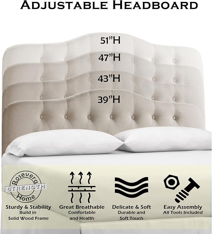 Rosevera Givanna Adjustable Height Headboard with Linen Upholstery and Button Tufting for Bedroom, King, Classic Beige