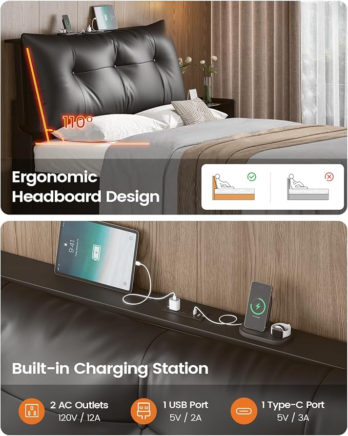 AOGLLATI Full Size Bed Frame with Removable Upholstered Thick Backrest Headboard, Led Bed Frame Full Size with 4 Storage Drawers and Charging Station, No Spring Box Needed, Black