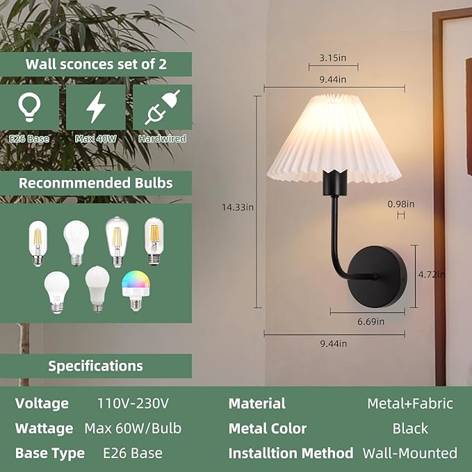 Wall Sconces Sets of 2, White Pleated Fabric lampshade, Matte Black Wall Lamp Curved Wall Lighting Bathroom Dresser Hardwired sconces wall decor Fixture Applicable to Living Room Bedroom Dining Room