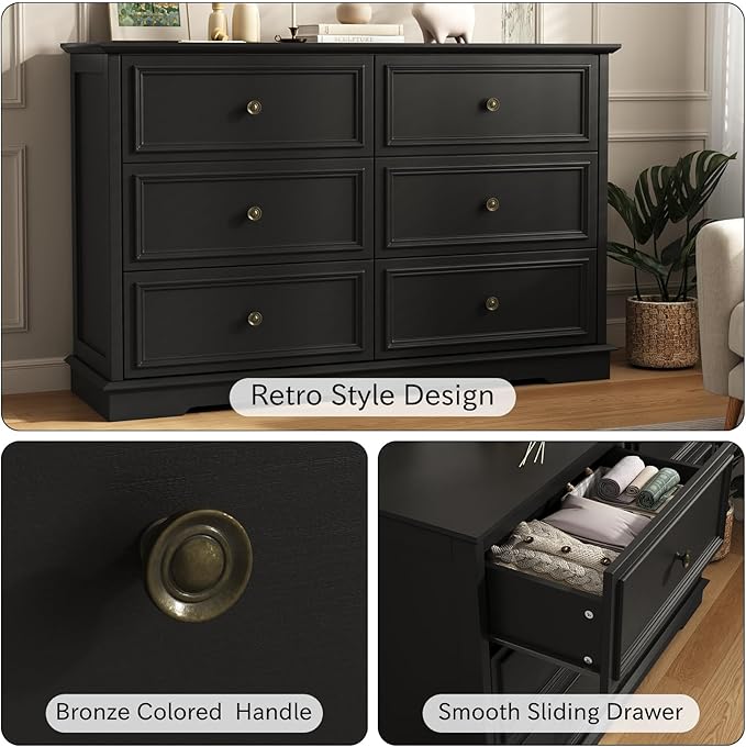 Modern 6 Drawer Dresser, Vintage Chest of Drawers with Metal Handle, Wooden Closet Dresser with Deep Drawers, for Living Room, Hallway, Black