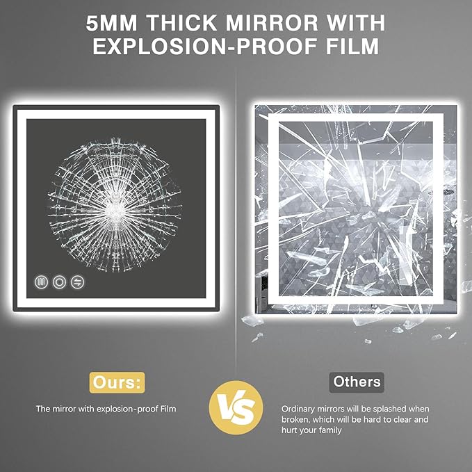 LED Bathroom Mirror 24"x 24" with Frontlit and Backlit, Anti-Fog Bathroom Vanity Mirror, Stepless 3 Colors Temperature & Dimmable Bathroom Mirror, Memory Tempered Glass Mirror for Bathroom