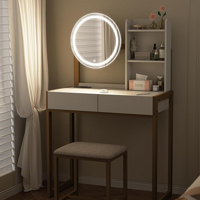 Small Vanity Desk with Mirror and Lights, Makeup Vanity Table with LED Mirror, 3 Lighting Modes, Power Outlet, Drawer, Open Shelves and Cushioned Stool for Bedroom (Gold)