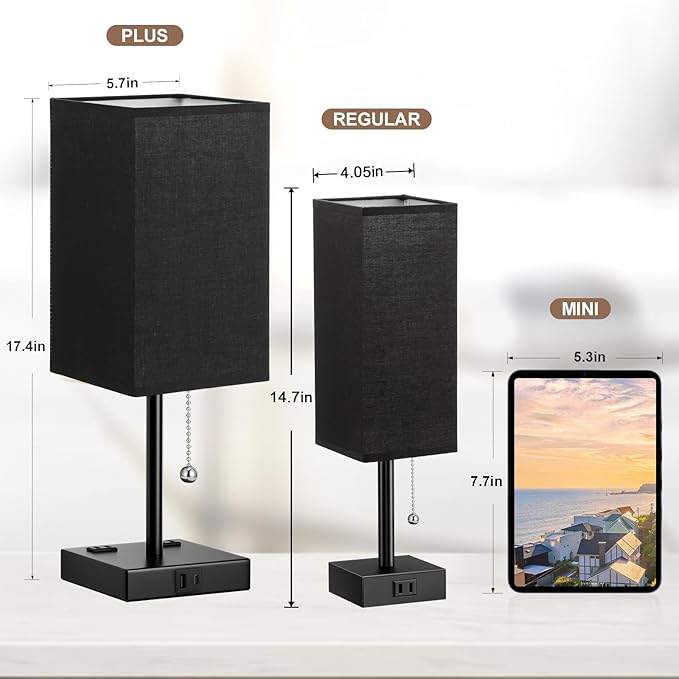 Balck Table Lamps for Bedroom Set of 2 Nightstand - 17.4In Tall, 3 Color Bedside Lamps with AC Outlets and USB A & C for Charging, Square Night Stand light, End Table Lamp for Living Room/Dorm/Office