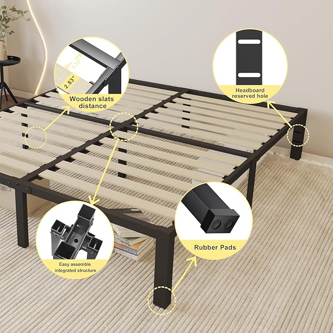 ROIL 18 inch King Bed Frames Wood with Wooden Slats - 3500lbs Heavy Duty No Box Spring Needed Metal Platform, Mattress Stoppers Iron Noise Free Bedframe, Headboard Hole Underneath Storage