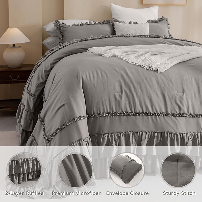 QSH Grey Oversized California King Ruffled Bed Comforter Set 128x120, Farmhouse Vintage Chic Comforter Set Gray French Country Bedding Comforter Soft Microfiber Fluffy Bedding 3 PCs
