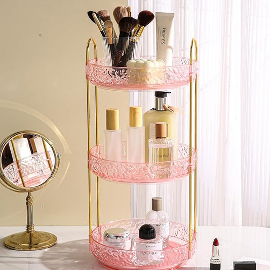 Fangoo 3 Tiers Pink Rotating Makeup Organizer for Vanity, 360 Spinning Skincare Organizers for Dresser Perfume Organizer Large Skincare Make Up Storage Cosmetic Organizer for Bathroom Countertop