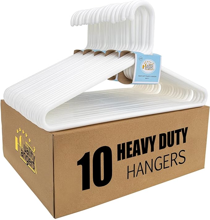 Quality White Plastic Hangers 10 Pack - Super Heavy Duty Multipack for Clothes - Thick Strong Standard Closet Clothing Hangers with Hook for Scarves and Belts-17 for Coats (White, 10)