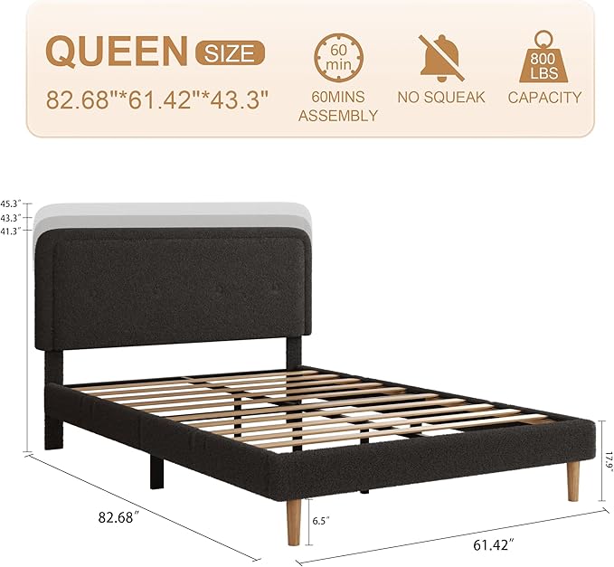 Queen Size Boucle Platform Bed Frame, Anti-Collision Soft Rounded Corners, Adjustable Headboard, No Box Spring Needed, Easy Assembly, Noise Free, Dark Grey