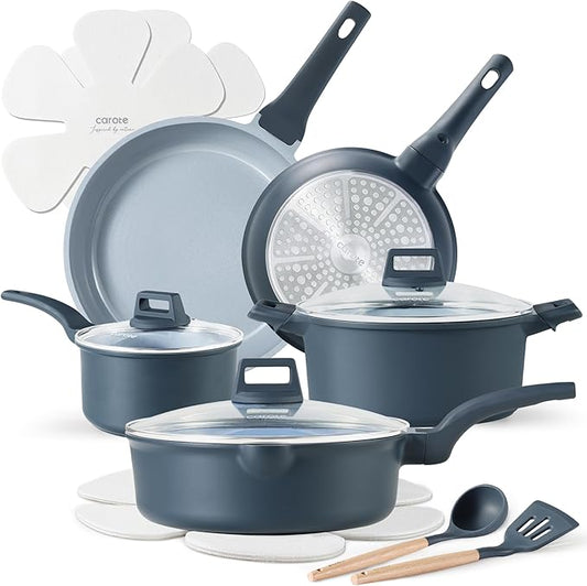 CAROTE 14 Pcs Ceramic Cookware Set, Pots and Pans Set Non Stick with Ceramic Coating, Induction Kitchen Sets