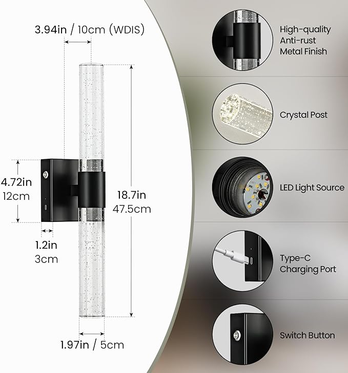 Battery Operated Wireless Wall Sconces Set of Two, Rechargeable Black Wall Sconce Set of 2 with Remote Control, Modern LED Wall Light for Bedroom, Living Room, Hallway (4000K)