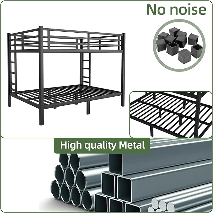 Queen Over Queen Bunk Bed Frame, Heavy Duty Metal Loft Bed for Adults/Teens, 400/600LB Capacity w/Ladder & Guardrail, Noise-Free Steel Slats, No Box Spring Required, Black