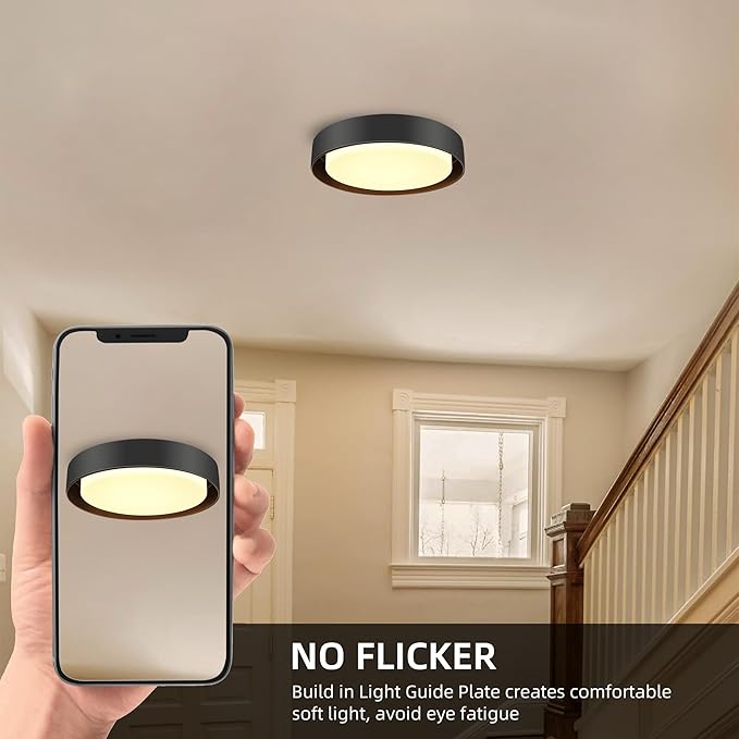 Hlite 10 inch Ceiling Light Fixture,Modern LED Flush Mount Ceiling Light,3000K/Warm White/20W,Dimmable 1600LM Rustic Indoor Room Decorative Ceiling Lights for Bedroom Kitchen, Black(1 Pack)