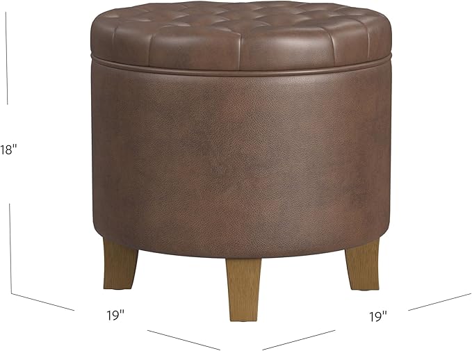 HomePop Home Decor | Upholstered Round Faux Leather Tufted Foot Rest Ottoman | Ottoman with Storage for Living Room & Bedroom | Decorative Home Furniture, Brown Faux Leather