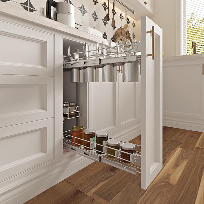 3-Tier 5" W x 21" D Narrow Pull Out Cabinet Organizer, Roll out Spice Rack Holder Shelve, Slide Out Slim Storage Wire Baskets for Storage Organization