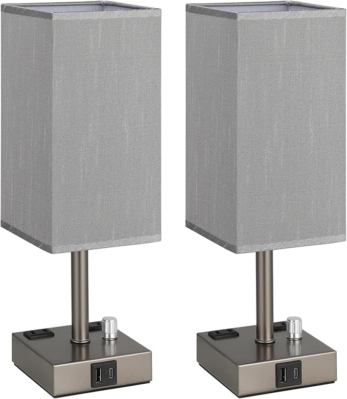 Grey Fully Dimmable Nightstand Lamps Set of 2 - Table Bedside Lamp with USB C+A Charging Ports & 2 AC Outlets, Square Lamp Sets Linen Fabric Shade for Bedroom Living Room(Bulb Included)