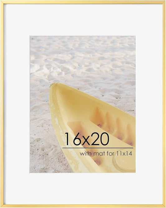16x20 Metal Picture Frame For Wall With Mat For 11x14, 16''x20'' Aluminum Photo Frames With Tempered Glass For Home Decor, Minimalist Modern Poster Frame Horizontal And Vertical Formats, Gold