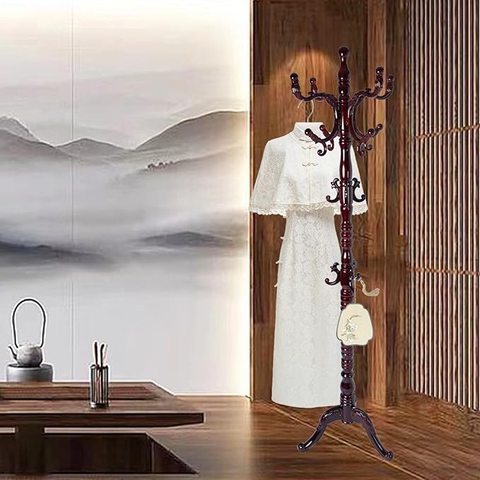 Coat Rack Freestanding, Wooden Tree Coat Rack Stand with 3 Adjustable Sizes Coat Tree and 14 Hooks, Sturdy Hall Tree with Solid Round Base for Entryway, Hallway,Bedroom (Reddish brown-Tri-Legged Base)