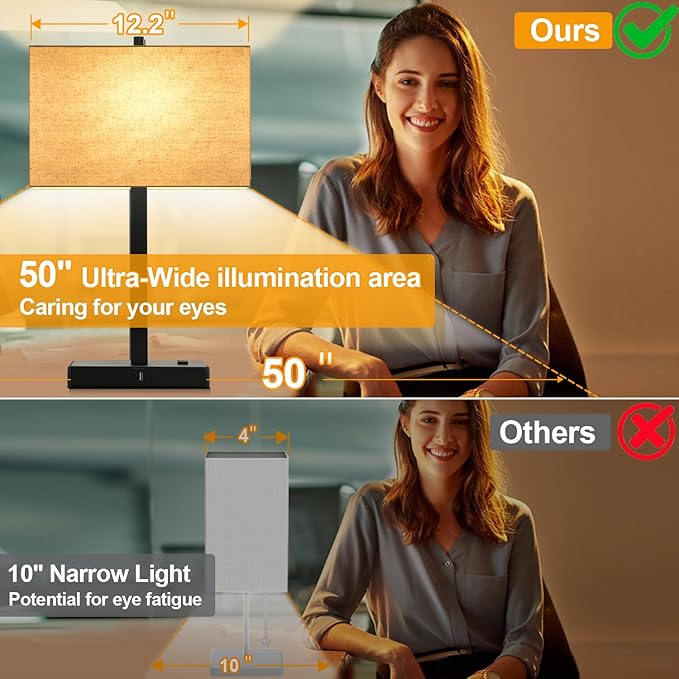 21" Touch Bedside Lamps with 2 USB & AC Outlets, 3-Way Dimmable Bedside Table Lamps Set of 2 for Bedroom Living Room Office Reading, Beige Linen Shade Lamps for Night Stands, 2700K LED Bulbs Included