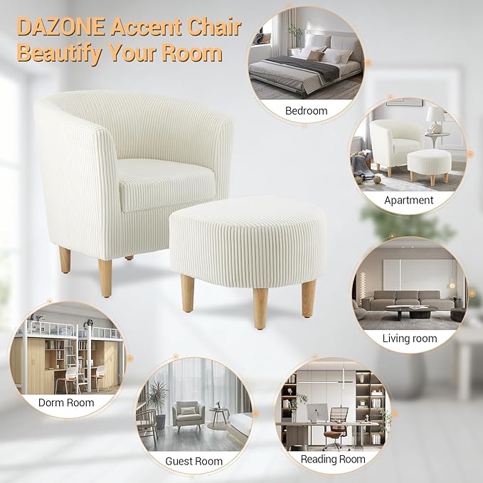 DAZONE Accent Chair, Barrel Chair with Ottoman Comfy Armchair Corduroy Living Room Chairs Mid Century Modern Chair Upholstered Club Tub Sofa Chair for Bedroom Reading Room Ivory