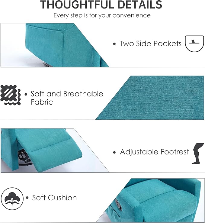 360° Swivel Recliner Chairs for Small Spaces, A Recliner with Side Pockets, Small Rocker Recliner for Living Room, Bedroom, Sky Blue Recliner Chair for Adults