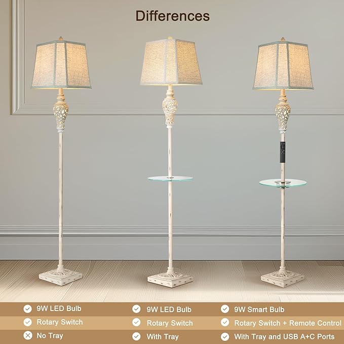 Rustic Floor Lamp 65'' Tall with Nightlight Cut Corner Linen Fabric Shade Vintage Standing Lamp for Living Room, Bedroom, Office, House (Bulb Included)