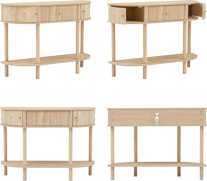43.3“ Fluted Half Moon Console Table, Modern Entryway Console Sofa Table with Storage, Narrow Wood Accent Tables Behind Couch Tables for Living Room, Hallway, Foyer(Natural)