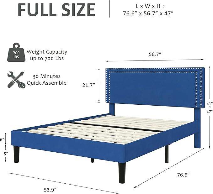 VECELO Full Size Bed Frame with Adjustable Upholstered Headboard, Wooden Slats Platform, Noise-Free Design, Easy Assembly