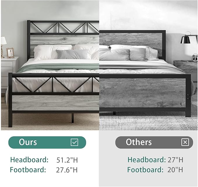 King Bed Frame and Headboard, Industrial 51.2" Tall Headboard, King Platform Bed Frame with Heavy Duty Metal Slats Support, No Box Spring Needed, Noise-Free, Easy Assembly, Wash Grey