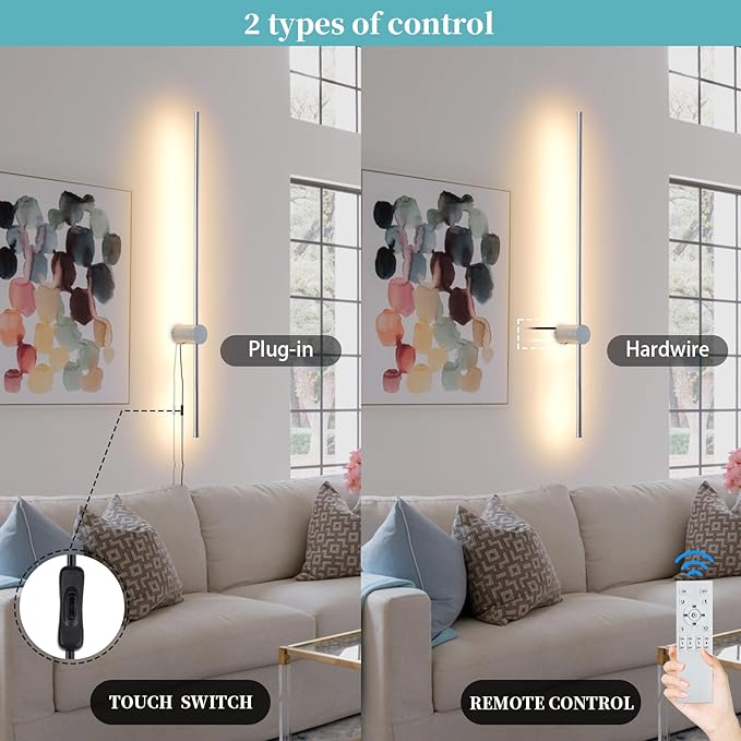 Modern Chrome Plug in Wall Sconce with Remote, Dimmable 31.5" LED Wall Sconces Set of Two with Memory Function, Adjustable Color Temperature Brightness, Timer, 350° Rotate, Hardwire or Plug-in