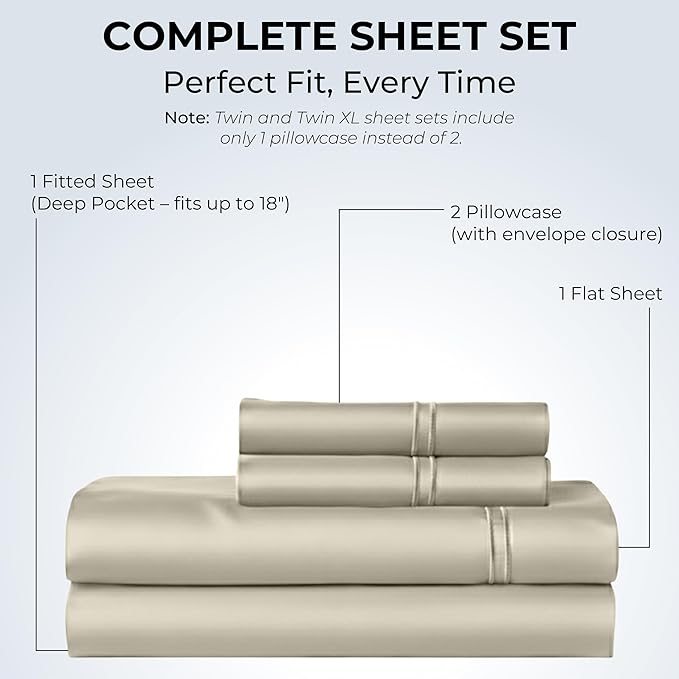 100% Natural Cotton Bed Sheets | 500 TC Single-Ply Sateen Weave Cal King Sheet Set | Soft & Hypoallergenic Solid 4-Piece Bedding with Deep Pocket Fitted, Flat, Pillowcase | Cream Beige