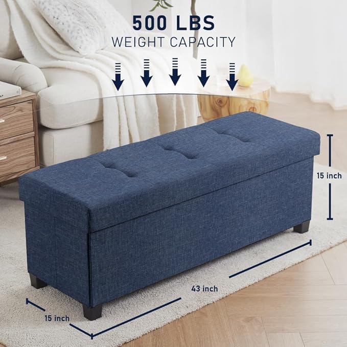 Ornavo Home 43 Inch Storage Ottoman, Large Storage Bench, Ottoman with Storage with Legs, Foot Rest Stool, Bedroom Bench - Navy Blue