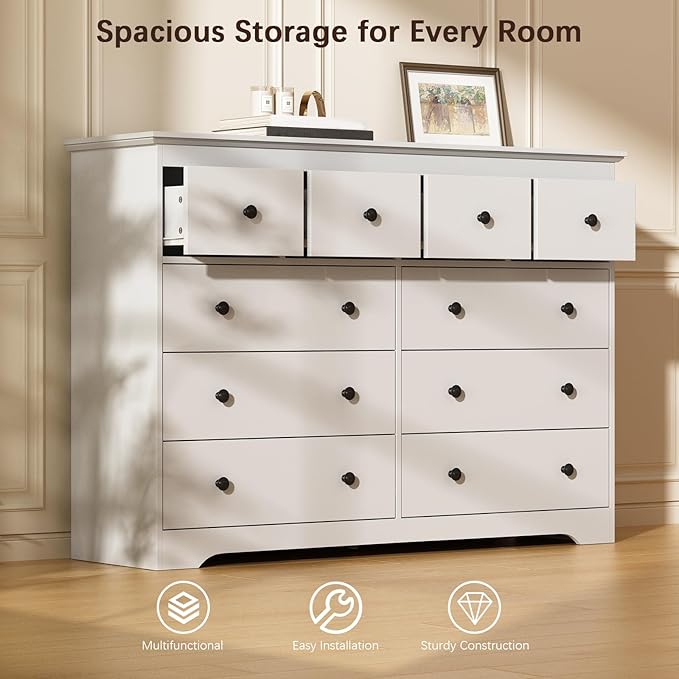 LYNSOM Modern 10 Drawer Dresser, 55.1" Wide Dressers & Chests of Drawers with Large Capacity Storage, Mid Century White Dresser for Bedroom, Hallway, White