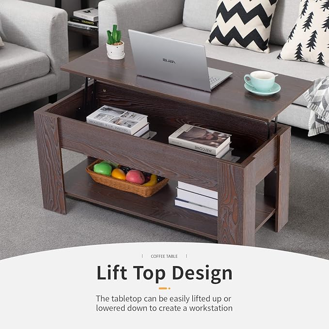 FDW Lift Top Coffee Table with Hidden Compartment and Storage Shelf Wooden Lift Tabletop for Home Living Room Reception Room Office,39.4inch,Espresso