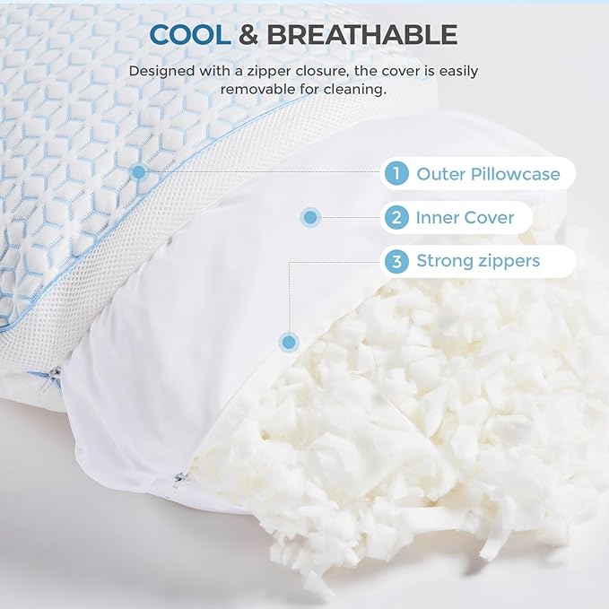Sweetnight Cooling Pillows King Size Set of 2, Shredded Memory Foam Pillows 2 Pack for Hot Sleepers, Cold Bed Pillows for Sleeping, Washable with Removable Cover, Cool Night