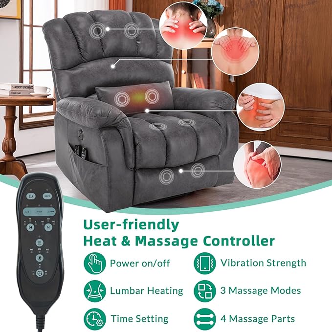 VIVIJASON Tall Man Large Dual Motor Power Lift Recliner Chair with Extended Footrest, Overstuffed Lay Flat Sleeper Electric Recliner W/Heat & Massage, Lumbar Pillow, USB & Type-C Ports, Gray