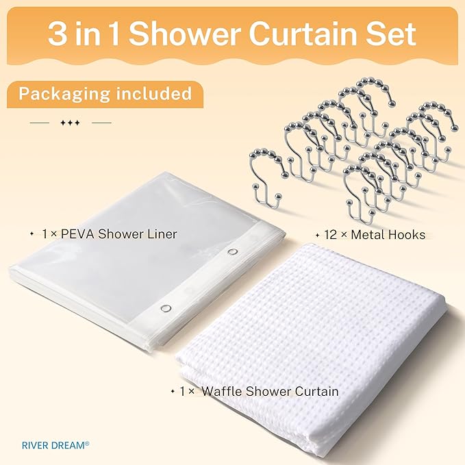 River Dream Waffle 3 in 1 Shower Curtain Set, White Fabric Shower Curtain and Clear Liner Set with Double Sided Hooks, Waterproof, 72" W*72" H