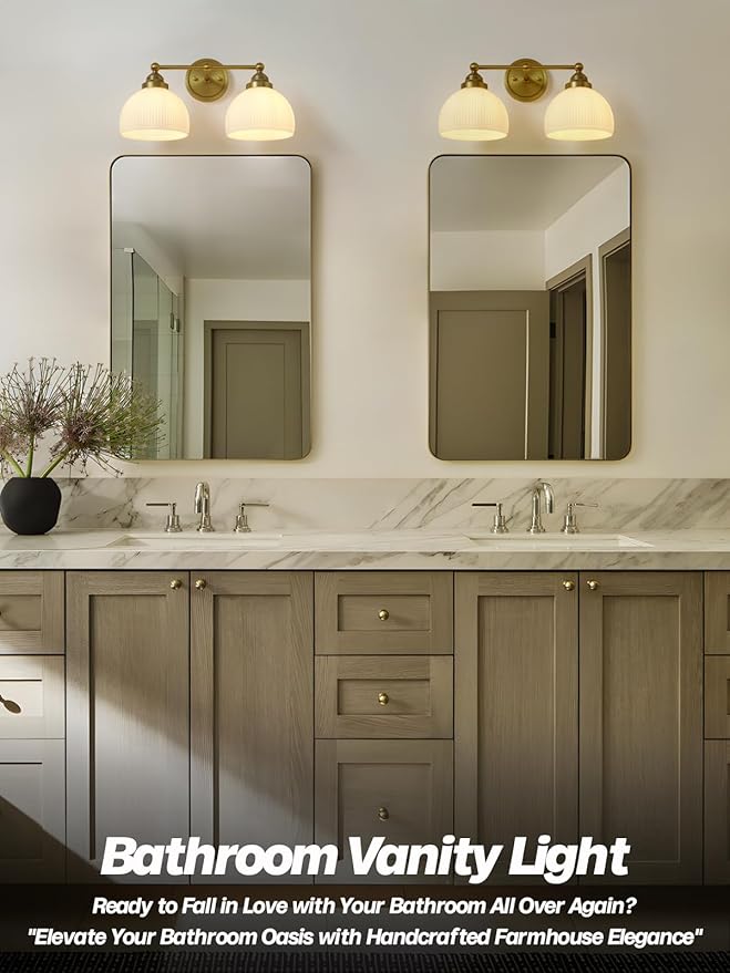 2-Lights Milk White Glass Wall Sconce Lighting Brass Finished, Double Arm Bathroom Vanity Light Fixture for Bedroom Living Room Dining Room Hallway