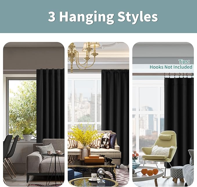 BGment Full Blackout Curtains with Thermal Insulation Liner Curtains 63 Inches Long, Rod Pocket and Back Tab Double Layer Room Darkening Window Curtain for Bedroom(42 x 63 Inch, 2 Panels, Black)